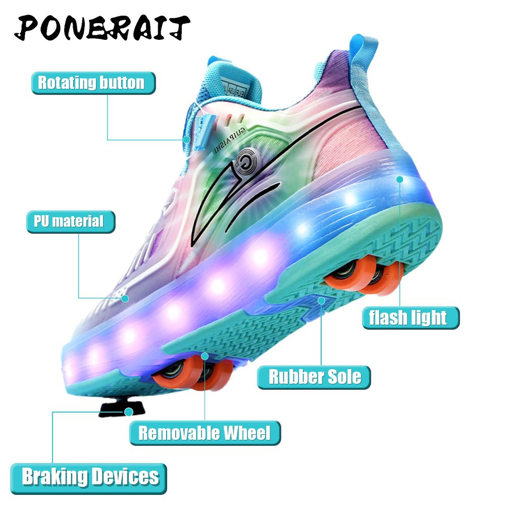 PONERAIT New LED Light Four-Wheel Detachable Roller Skates Gift for Children with Durable Plastic Outsole