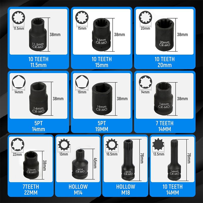 16-Piece 1/2\" Drive Impact Brake Caliper Socket Set Steel Brake Adjusting Tool for Audi Porsche VW BMW Ford Cars