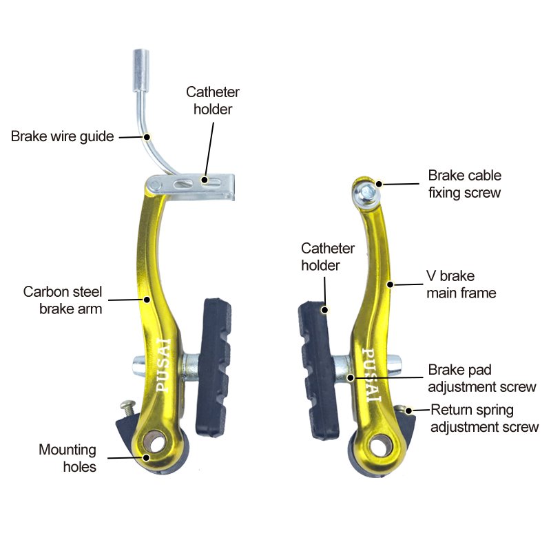 PUSAI Durable Steel V-Brake Bicycle Parts Aluminum Alloy Caliper Brake Component for Road Bikes and BMX Kids' Safe Riding