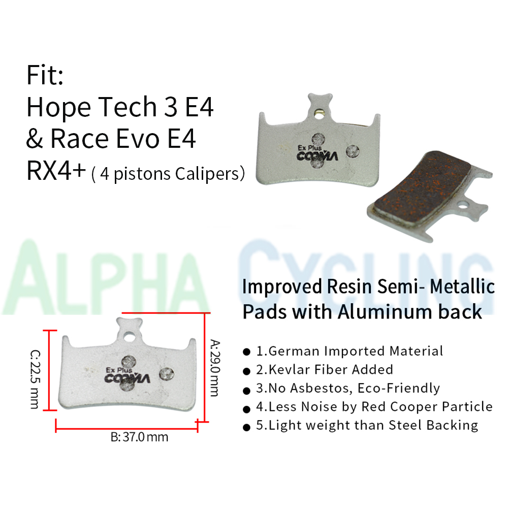 Ex Plus Bicycle Brake Pads for Hope Tech 3 E4 Race Evo E4 Caliper, Aluminum Alloy Backing