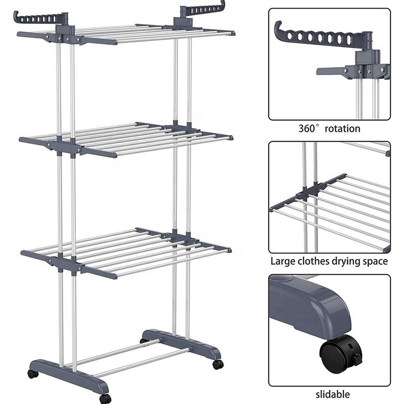 3-Tier Clothes Drying Rack Foldable Standing Type With Brake Wheels