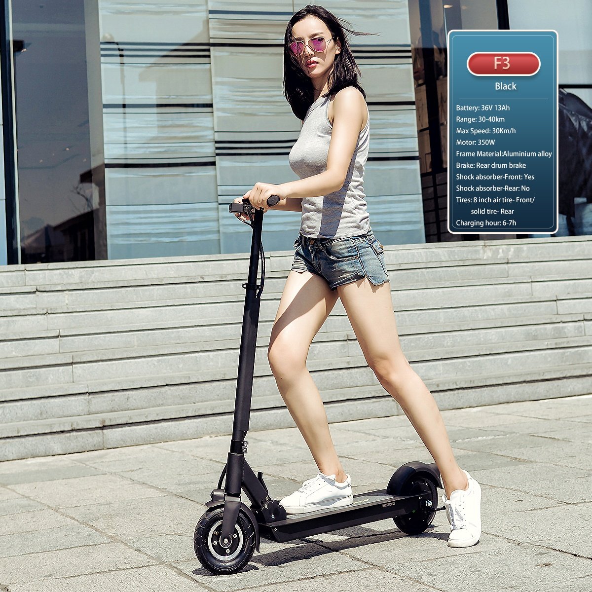 36V 13Ah 350W 30km/h Speed 40km Range Folding Adult Electric Scooter 10-inch Drum Brake Dual Suspension Front Brake with Seat