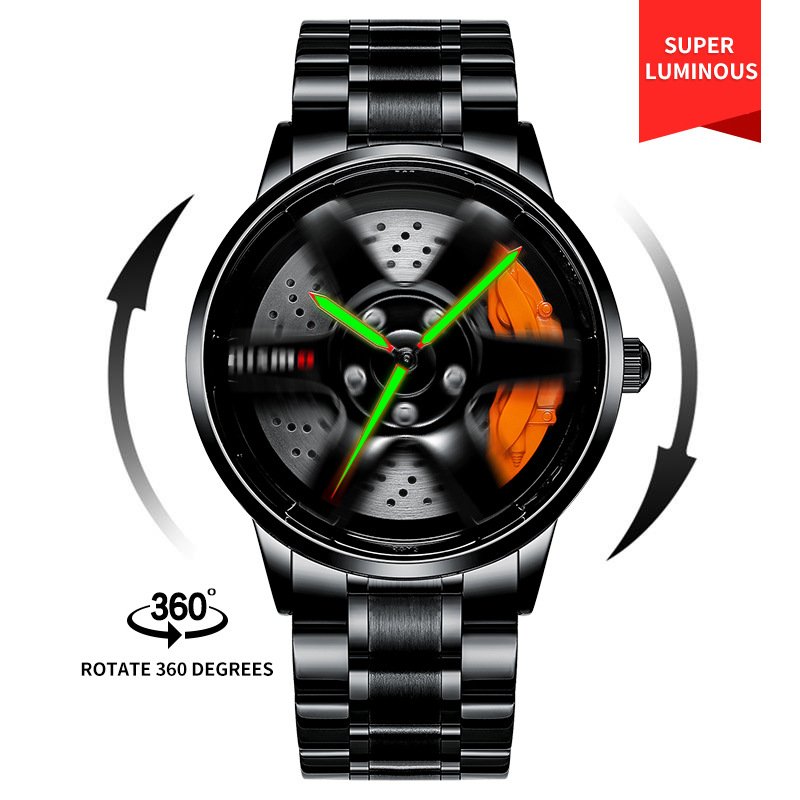 Rotating Sports Car Men Wristwatch 3ATM Waterproof Orange Brake Caliper Wheel Rim Hub Watches