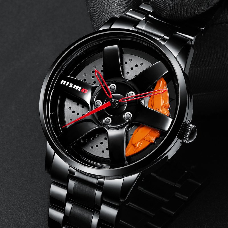 Rotating Sports Car Men Wristwatch 3ATM Waterproof Orange Brake Caliper Wheel Rim Hub Watches
