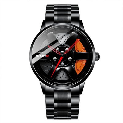 Rotating Sports Car Men Wristwatch 3ATM Waterproof Orange Brake Caliper Wheel Rim Hub Watches