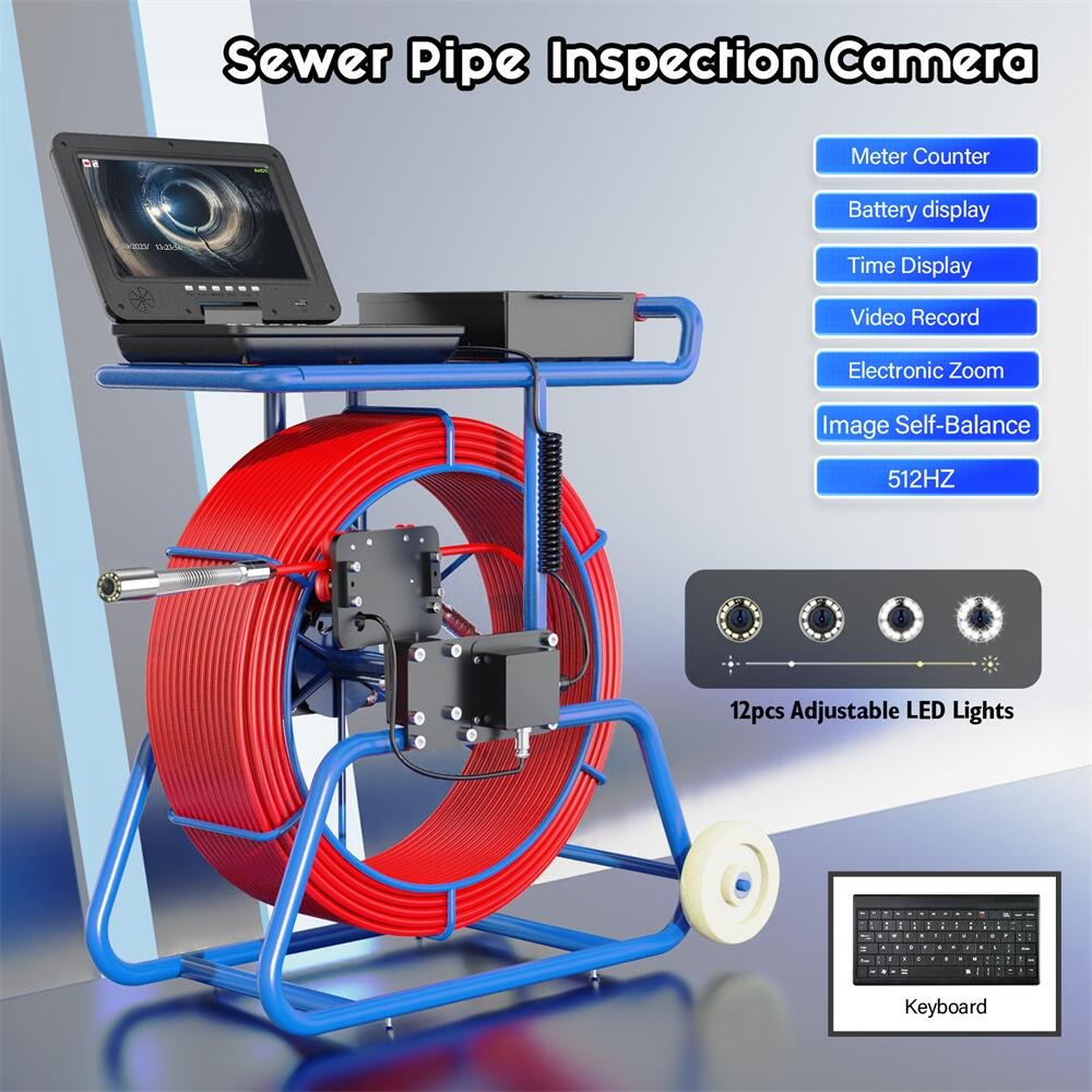 Sewer Inspection Camera 10 Inch IPS 1080P Screen and Self-Leveling 512HZ Locator 60M Diameter 9mm Thick Cable with Brake