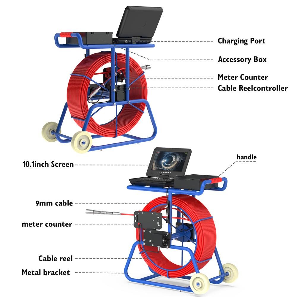 Sewer Inspection Camera 10 Inch IPS 1080P Screen and Self-Leveling 512HZ Locator 60M Diameter 9mm Thick Cable with Brake