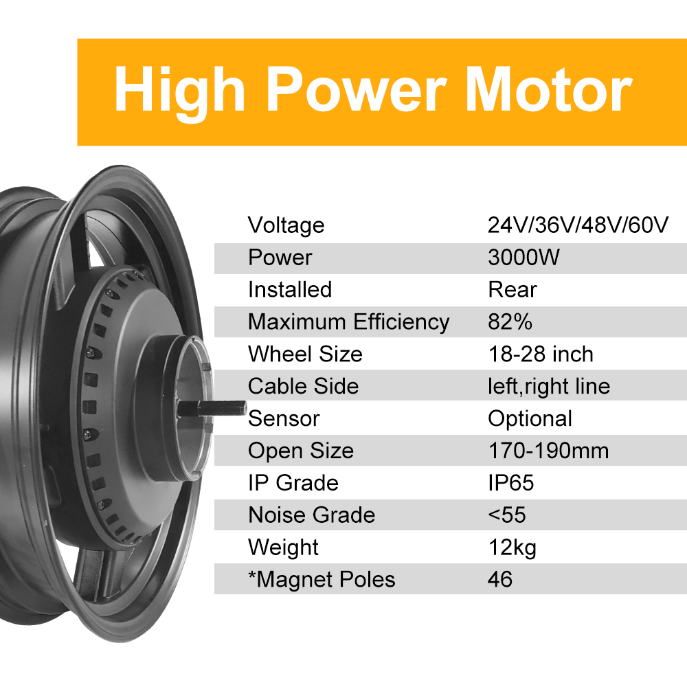 High Power 28 Inch 36V48v60V 3000W Non-geared Electric Bicycle Hub Motor Drum Brake High Speed Rear and Rear Wheel