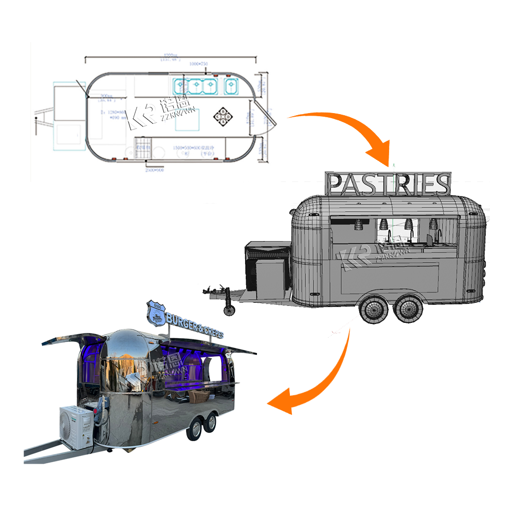 China Customized Airstream Food Truck Street Stainless Steel Fast Food Trailer Mobile Pizza Food Cart for Sale