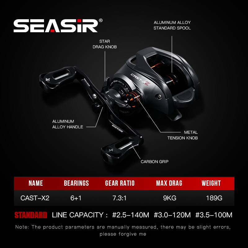 Seasir Cast-x2 Ceramic Bearings Carbon Fiber Washer GRIP 6+1BB 7.3:1 Gear Ratio Max Drag 9KG Fishing Baitcasting Reel Wheel
