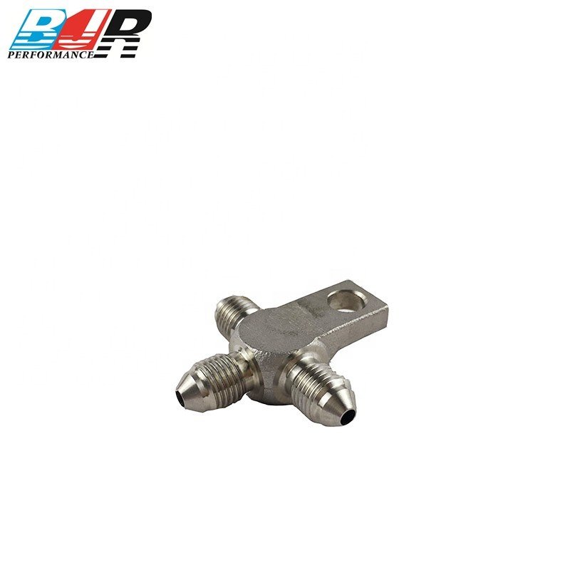 Stainless Steel AN3 Male Flare Brake Hose Fitting Splits Thread Tee Block With Mount Tab