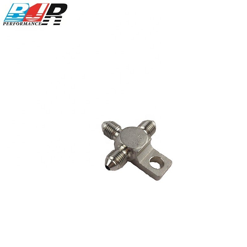 Stainless Steel AN3 Male Flare Brake Hose Fitting Splits Thread Tee Block With Mount Tab