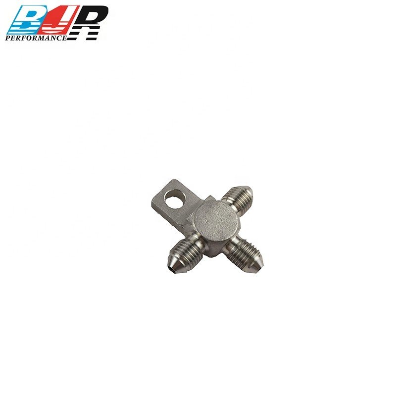 Stainless Steel AN3 Male Flare Brake Hose Fitting Splits Thread Tee Block With Mount Tab