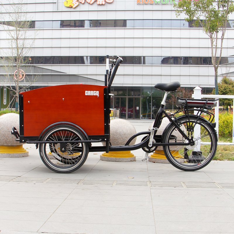 2022 Pedal Electric Bicycle Open Cargo Bike Adult Motor Tricycle With Front Wooden Box Shopping Cart for Sale