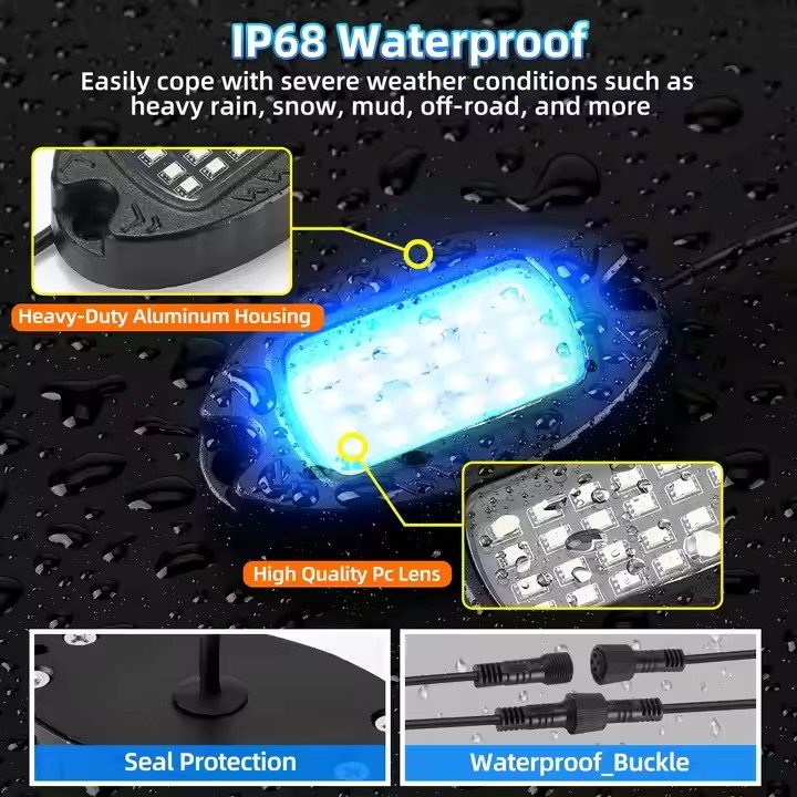 Selectable Specifications 8 Pods Metal RGB LED Rock Lights Kit 4PCS 76.3inch Extension Cable Decorative Headlights