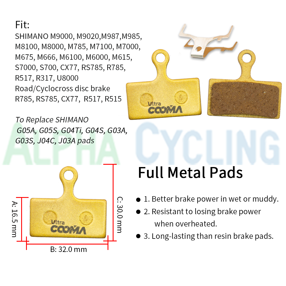 Metal Bicycle Disc Brake Pads for Shimano XTR, DEORE XT, SLX, DEORE, ALFINE Caliper