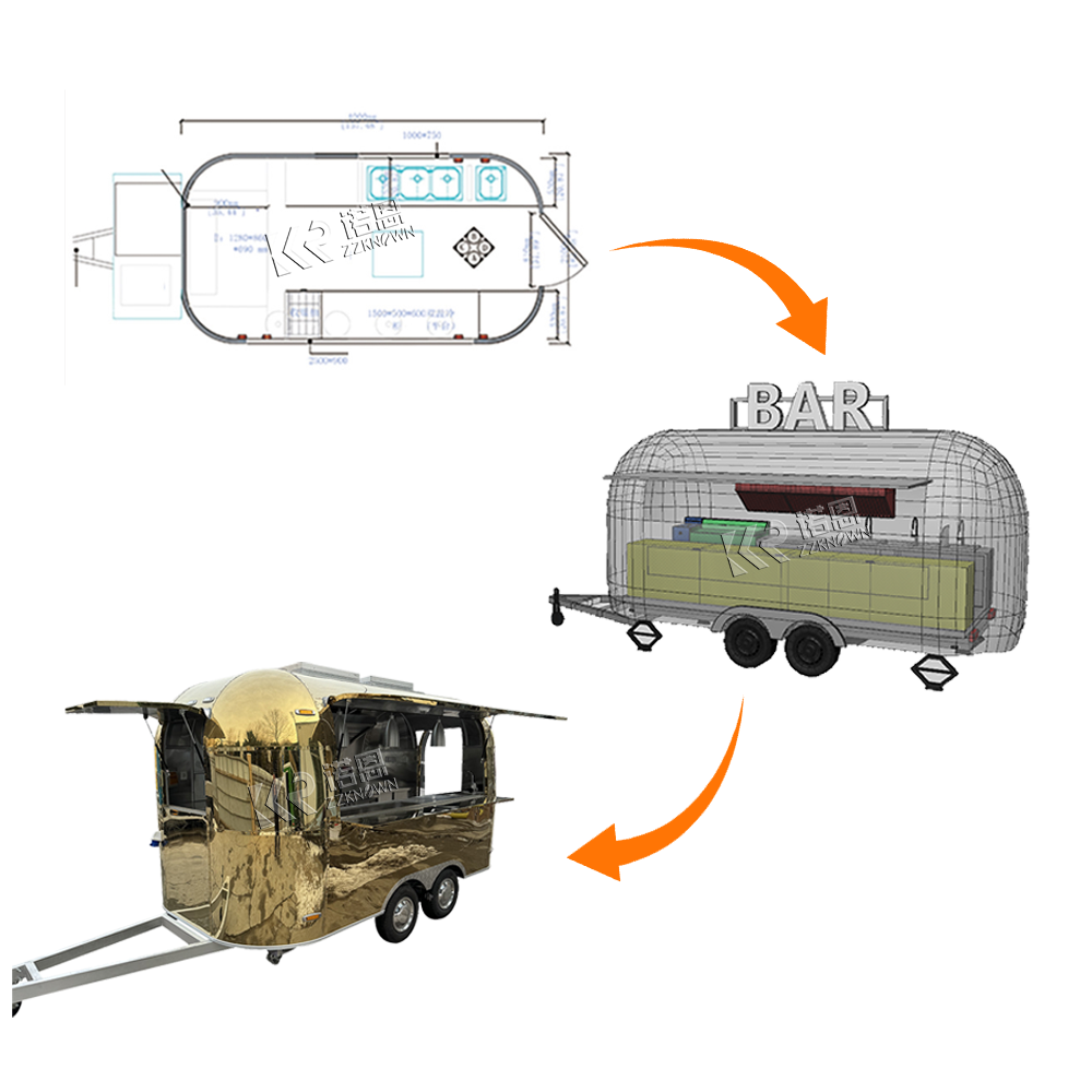 Street Fast Airstream Mobile Food Truck BBQ Hot Dog Ice Cream with Full Kitchen Restaurant Stainless Steel Vending Snack Cart