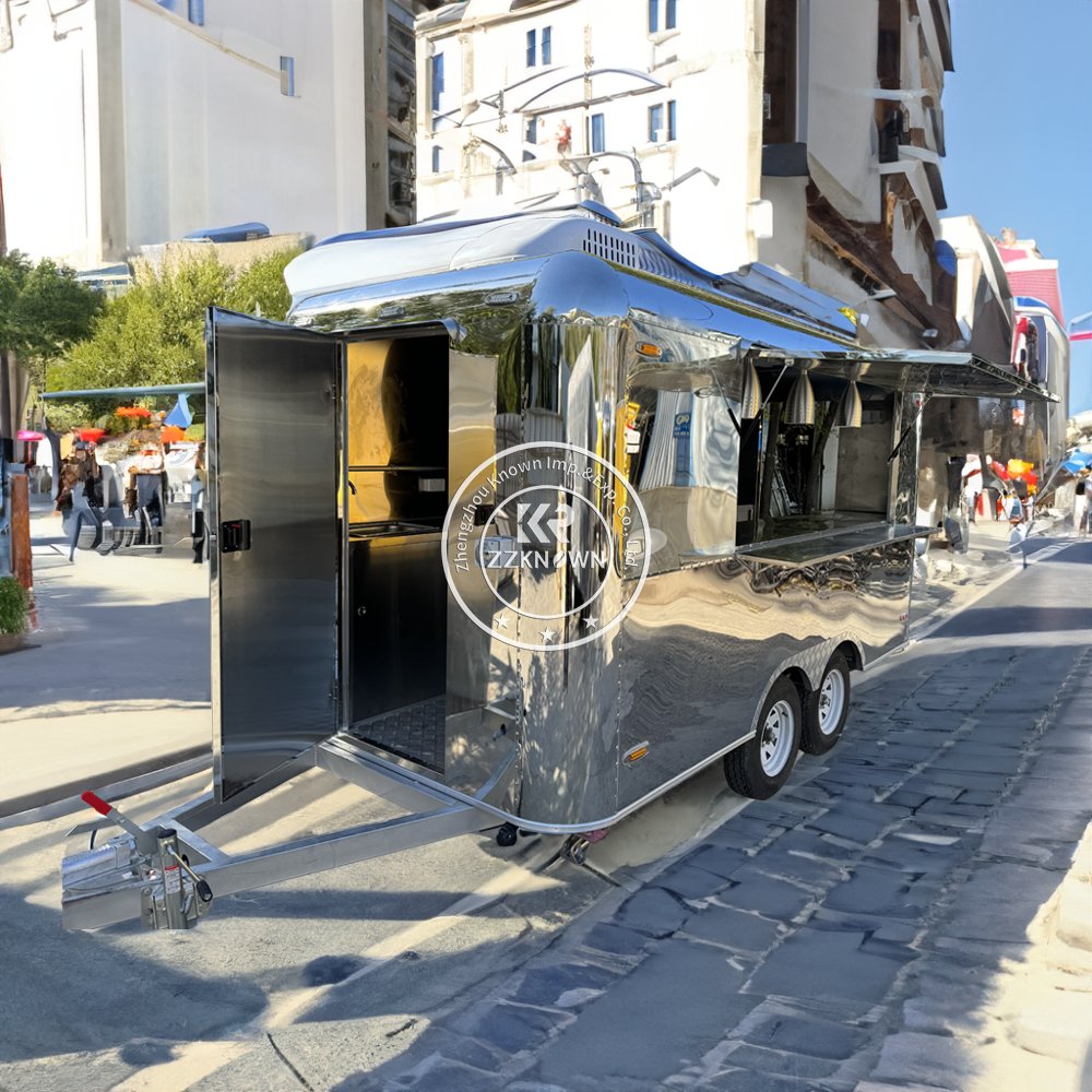 Street Fast Airstream Mobile Food Truck BBQ Hot Dog Ice Cream with Full Kitchen Restaurant Stainless Steel Vending Snack Cart