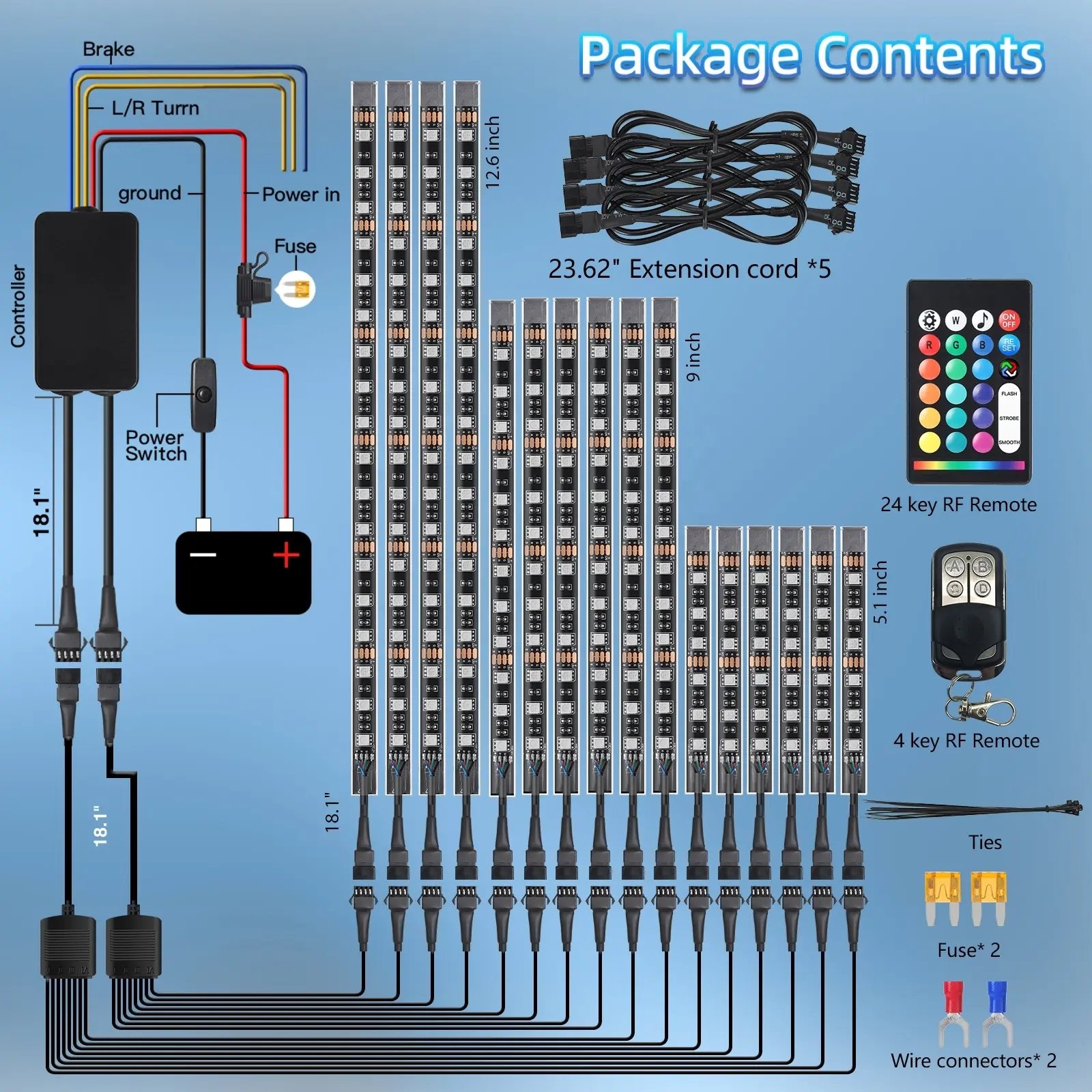 Motorcycle LED Multi-Color Waterproof Light Strip With APP Remote Control 4/24 Key Control Segmented Motorcycle RGB Light Kit