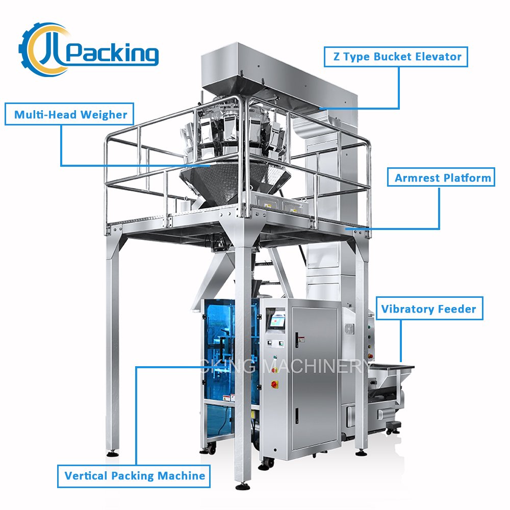Full Automatic Potato Chips Multi-Head Weigher Fiiling and Packing Machine with Armrest Platform