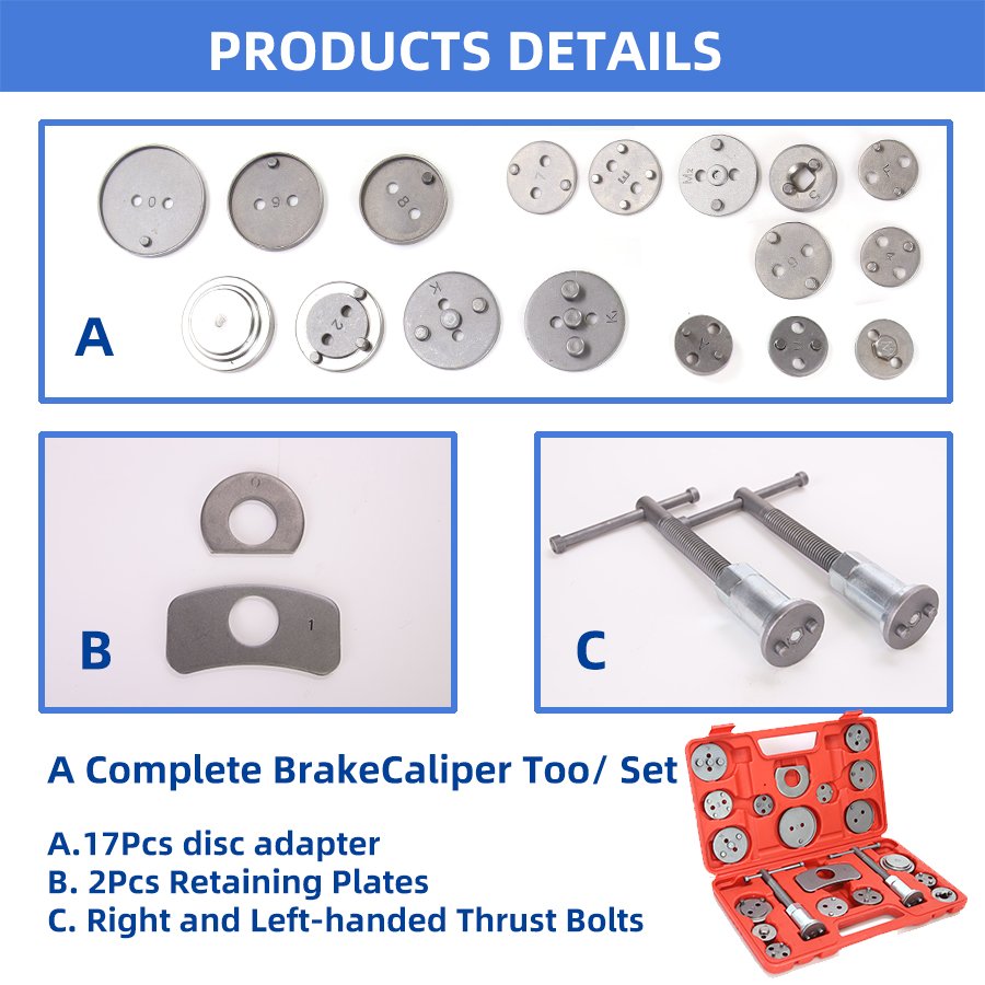 22pcs Heavy Duty Disc Brake Piston Caliper Compressor Rewind Tool Set Disc Brake Caliper Repair Kit Compressor Wind Back Tool