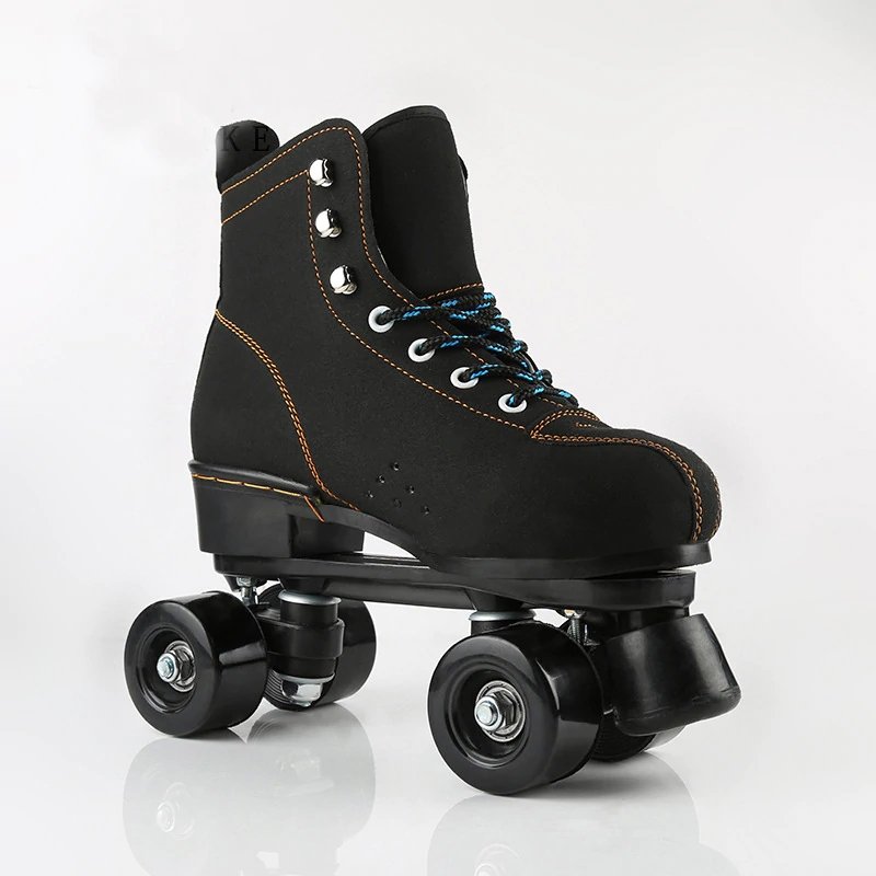 Kids Children Unisex Double Line Indoor Quad Parallel Skates Shoes Boots 4 PU Wheels Black With Brake Breathable Lace-up