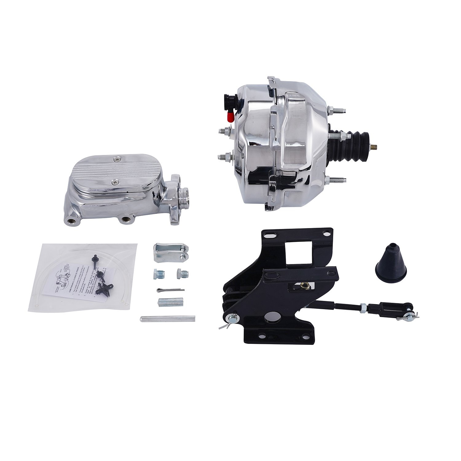 Chrome Power brake booster kit 9" dual black booster master cylinder ball milled top with #63 bracket BCK-103-9D-4C