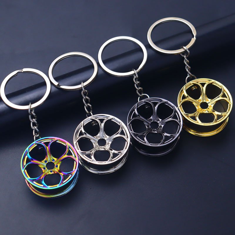 Cool 3D Mini Five-bladed Wheel Tire Key Chain Multi-color Wheel Hub Metal Auto Parts Key Chain Car Key Chain Cool Gift for Boys