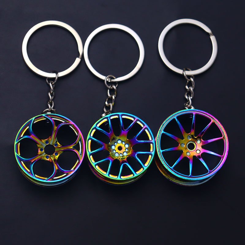 Cool 3D Mini Five-bladed Wheel Tire Key Chain Multi-color Wheel Hub Metal Auto Parts Key Chain Car Key Chain Cool Gift for Boys