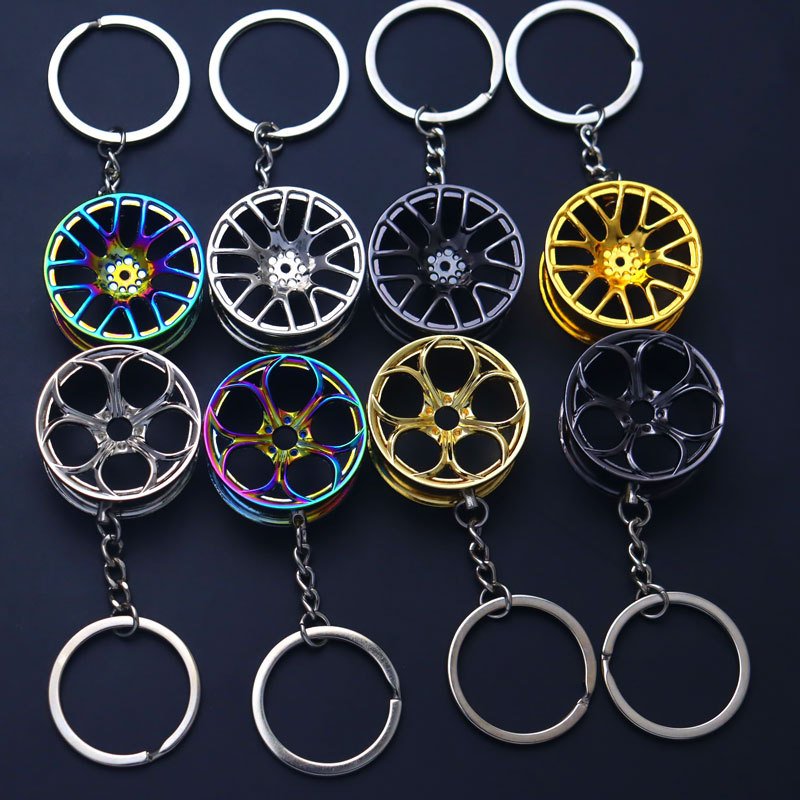 Cool 3D Mini Five-bladed Wheel Tire Key Chain Multi-color Wheel Hub Metal Auto Parts Key Chain Car Key Chain Cool Gift for Boys