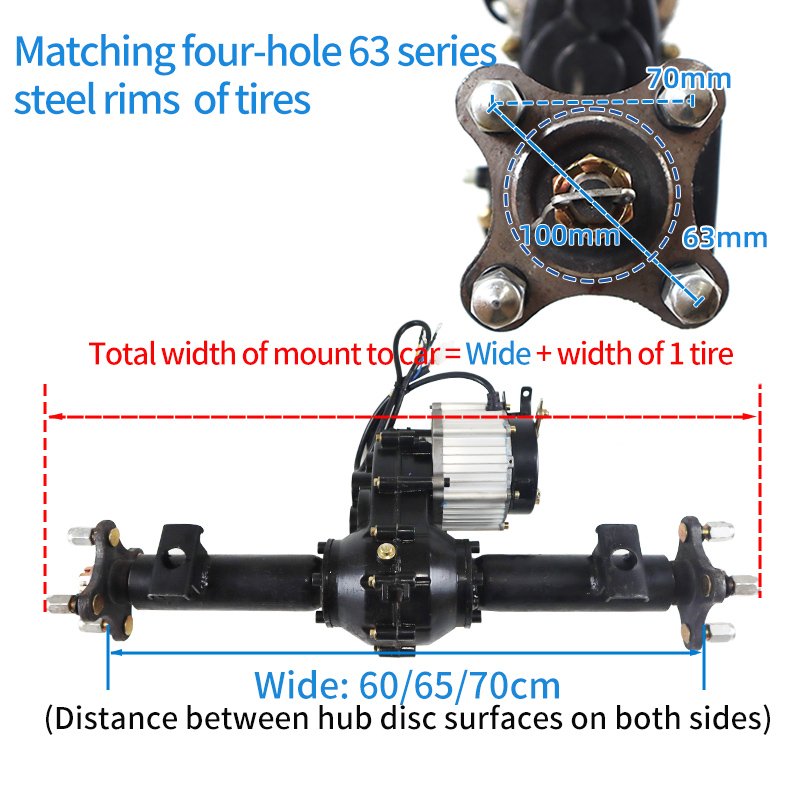 70cm 800W Low Speed Brushless Motor Brake Rear Axle Four-hole Hub Split Type Trolley Beach Vehicle Grey Bucket Truck Parts