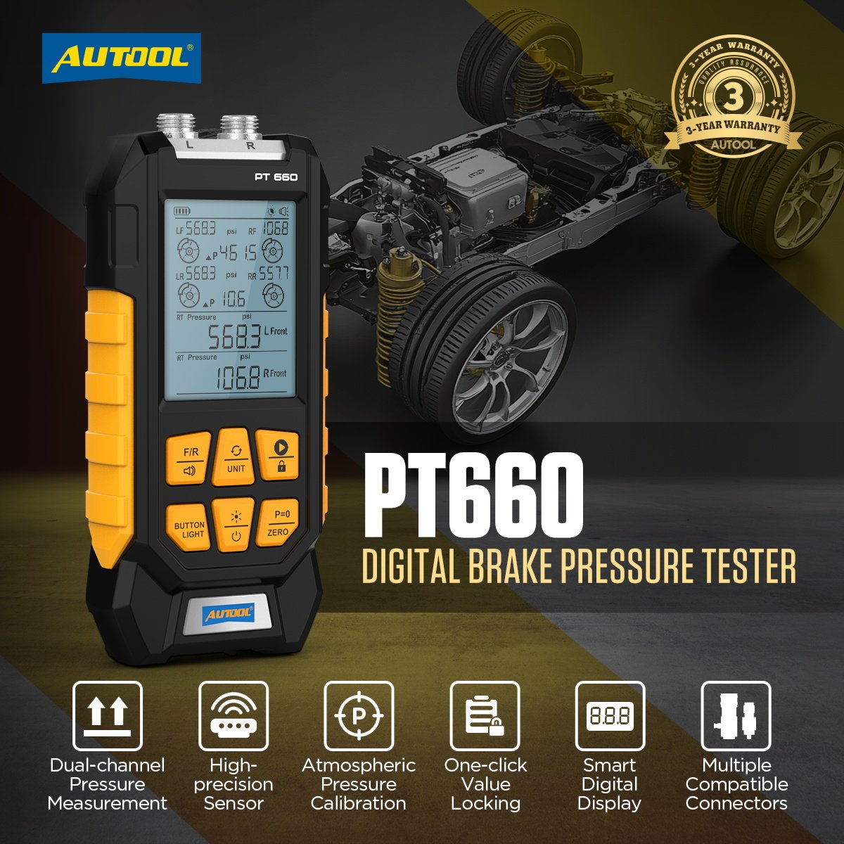 AUTOOL PT660 Hydraulic Master Cylinder Brake System Fluid Line Pressure Test Kit for Car