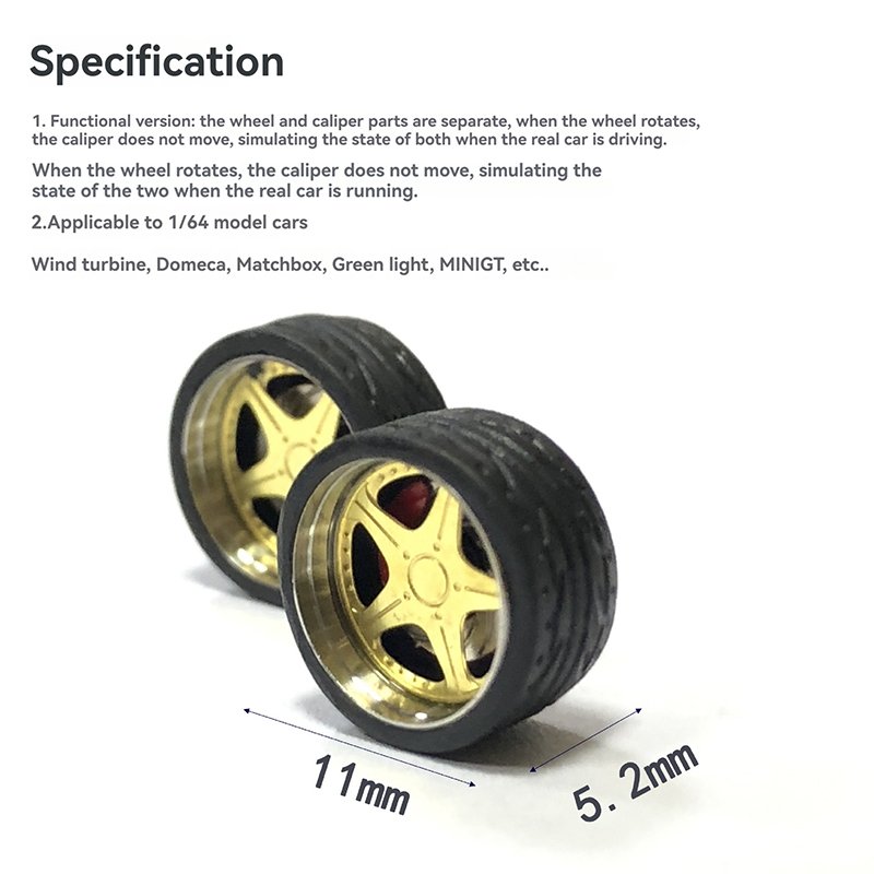 1/64 11mm Metal Wheels Rim Rubber Tires Set for Modified Wheel Caliper Hub With Brake Rc Car Parts Diecast Toys