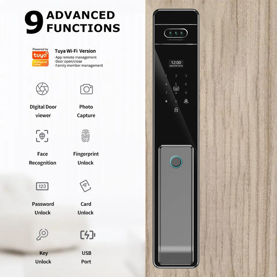 LEZN U7 New Automatic Electronic Fingerprint Lock WIFI Intelligent Lock 3D Facial Recognition Digital Door Lock with Camera