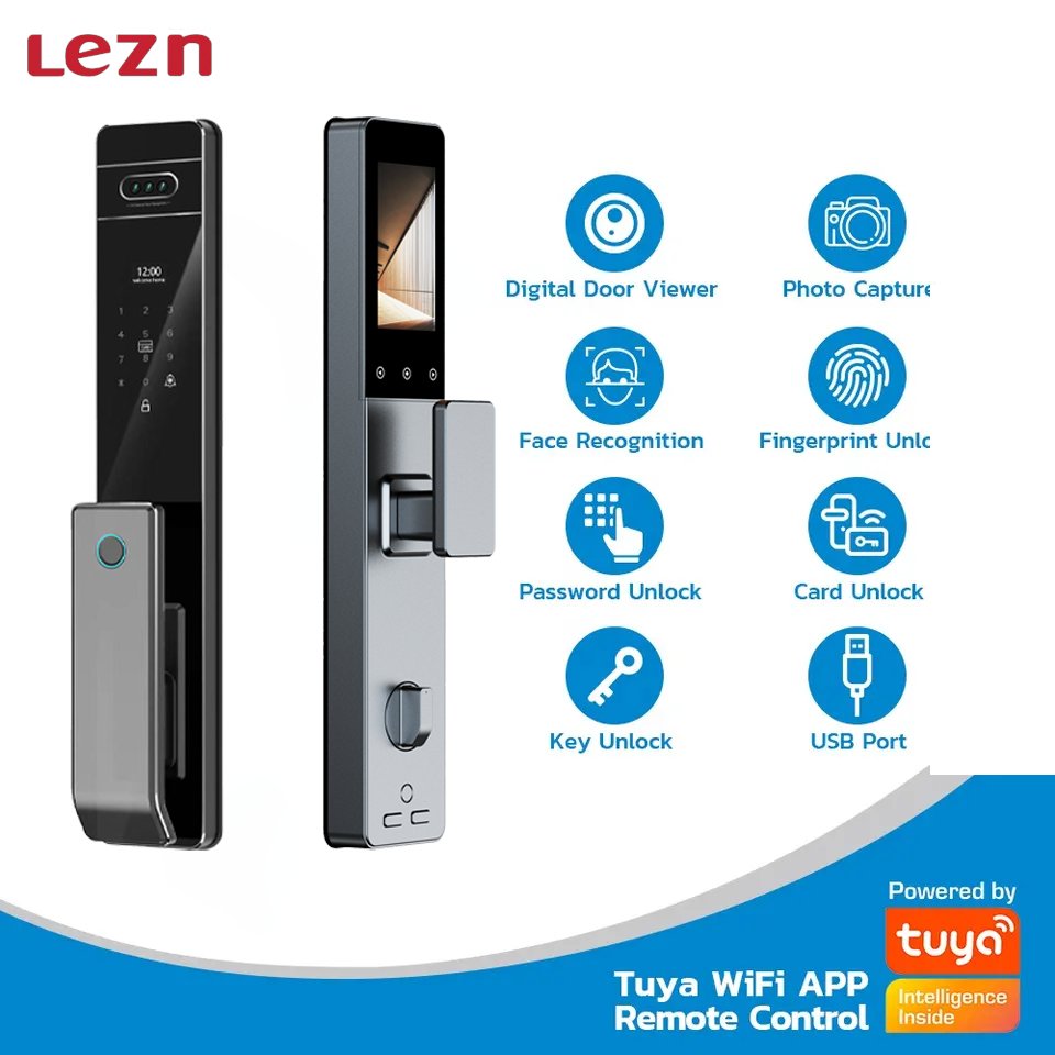 LEZN U7 New Automatic Electronic Fingerprint Lock WIFI Intelligent Lock 3D Facial Recognition Digital Door Lock with Camera