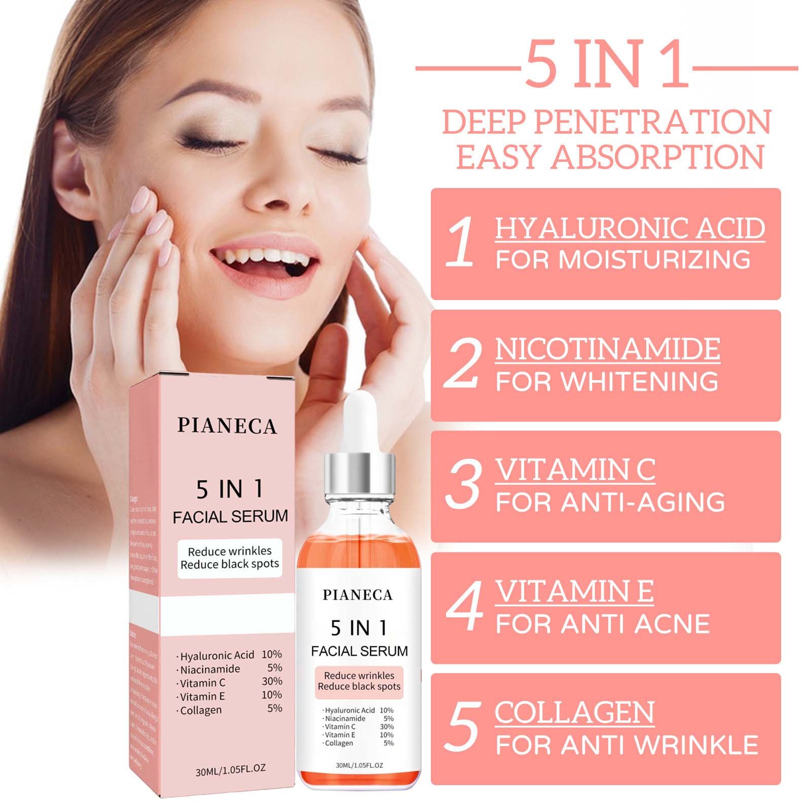 Private Label 5 in 1 Facial Serum Face Moisturizer Anti-dark Nourishing Skin Collagen Vitamin C Whitening Face Serum