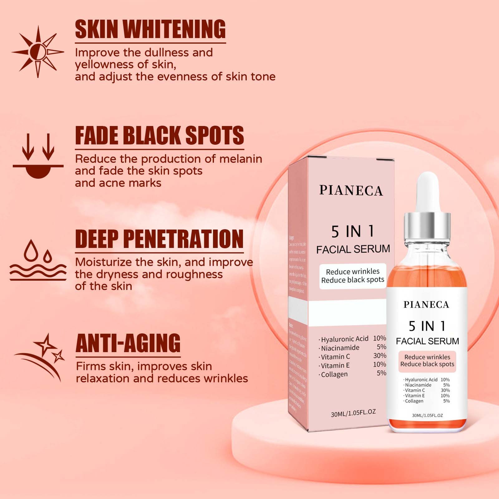 Private Label 5 in 1 Facial Serum Face Moisturizer Anti-dark Nourishing Skin Collagen Vitamin C Whitening Face Serum