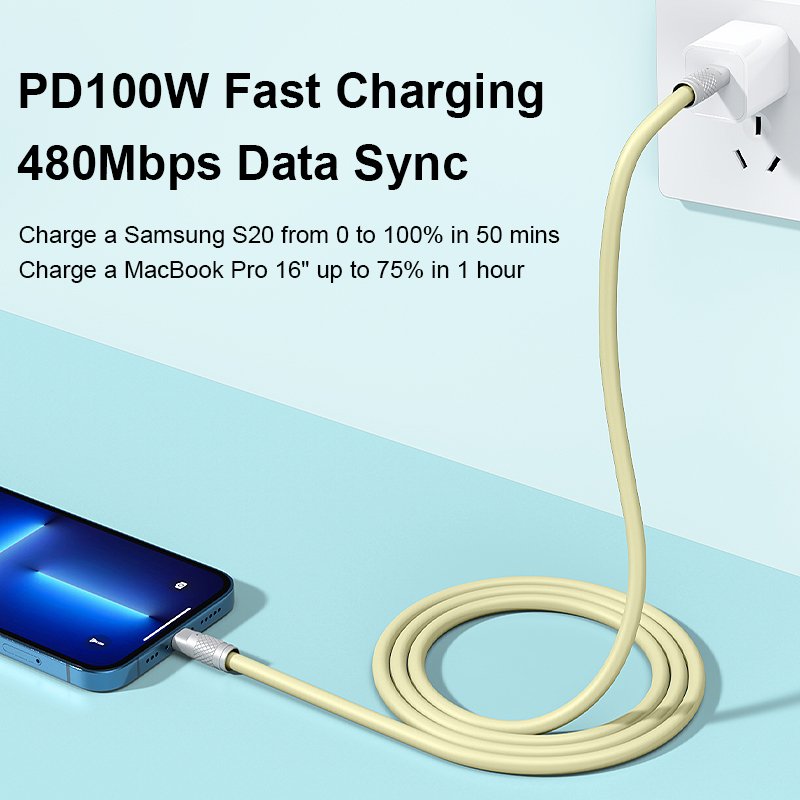 CC5A PD 100W Type C Charger Skin-Friendly Silicone Feel 5A Fast Charging USB C Cable for Mobile Phone Laptop Tablets