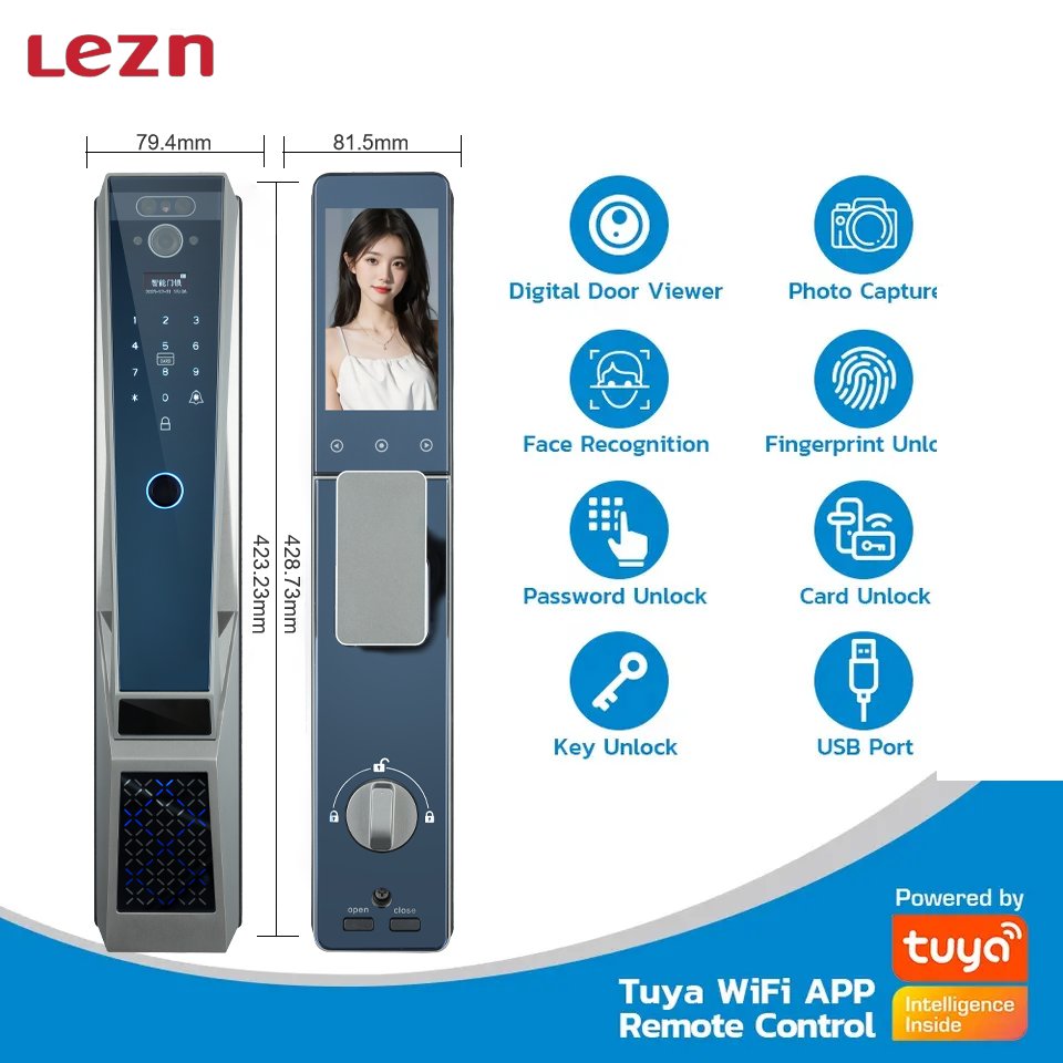 LEZN U9s Tuya Intelligent Multifuncional Wireless Smart Biometric Face Recognition Fingerprint Lock Finger Print Lock for Home