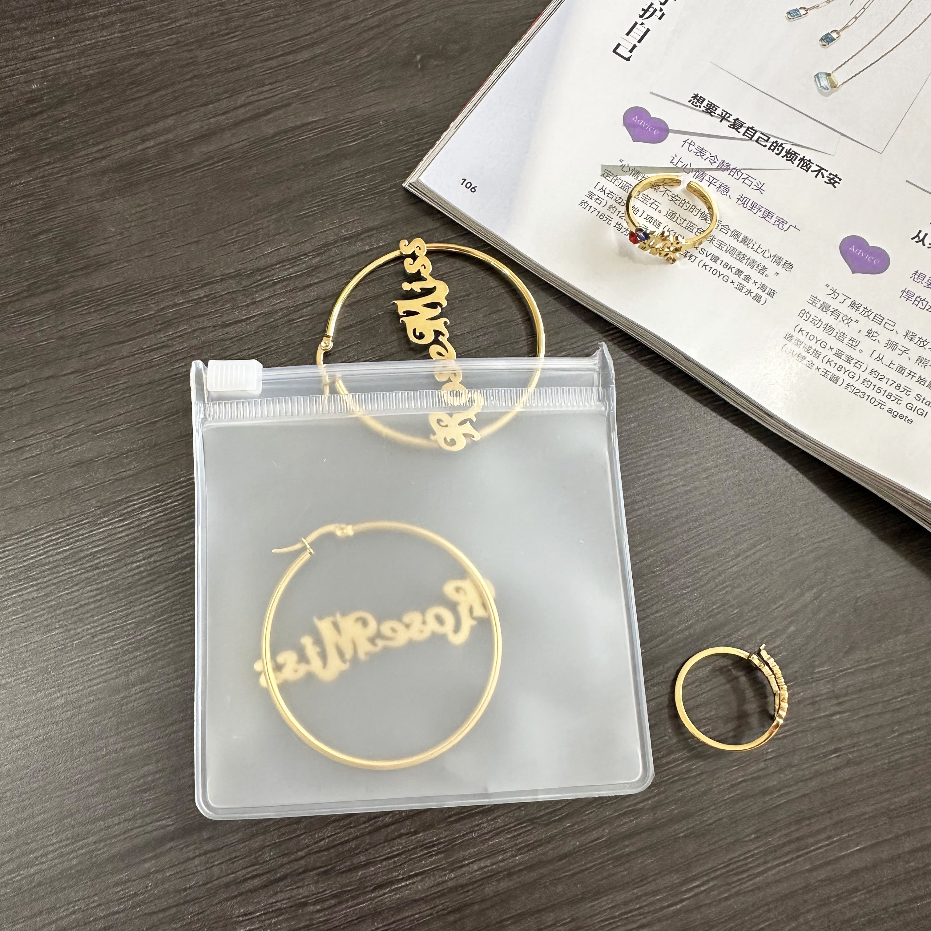 Clear Frosted Zipper Bag Pvc Plastic Pouch With Custom logo for Accessories Rings Jewelry Packaging Zipper Bag 13*13cm