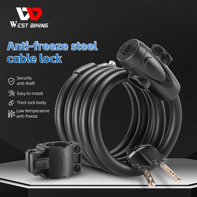 WEST BIKING Antifreezing Bicycle Cable Lock Portable Anti-Theft Bike Wire Lock With 2 Keys E-Bike Scooter Motorcycle Safety Lock