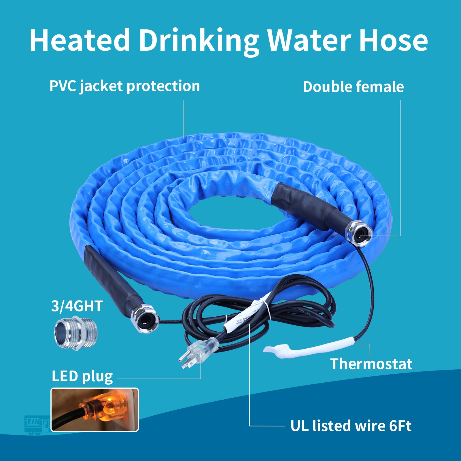 Heated Water Hose for RV 15/25/50FT, Antifreeze Heated RV Water Hose with Energy Saving Thermostat, for RV/Camper/Home/Garden