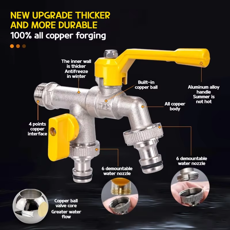 TMOK Antifreeze 1/2"*3/4"*3/4" Double Outlets Ball Outlet Valve Faucet Garden Brass Bibcock Tap