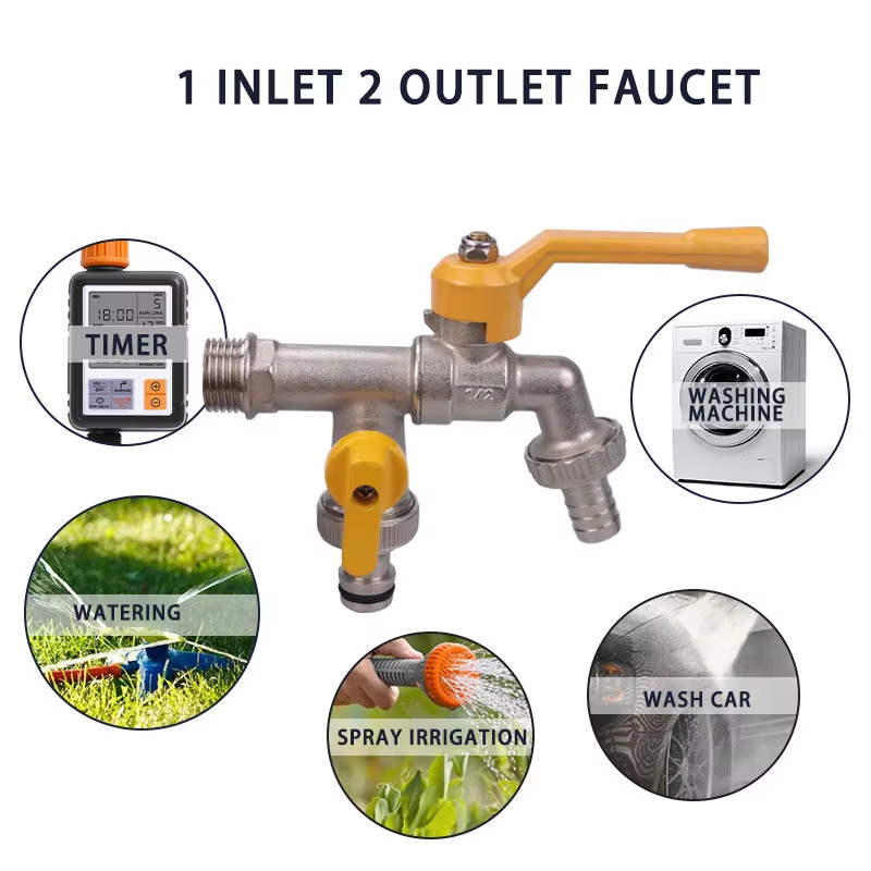TMOK Antifreeze 1/2"*3/4"*3/4" Double Outlets Ball Outlet Valve Faucet Garden Brass Bibcock Tap