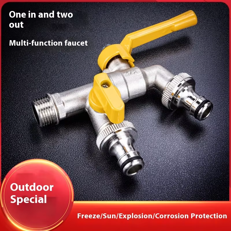 TMOK Antifreeze 1/2"*3/4"*3/4" Double Outlets Ball Outlet Valve Faucet Garden Brass Bibcock Tap
