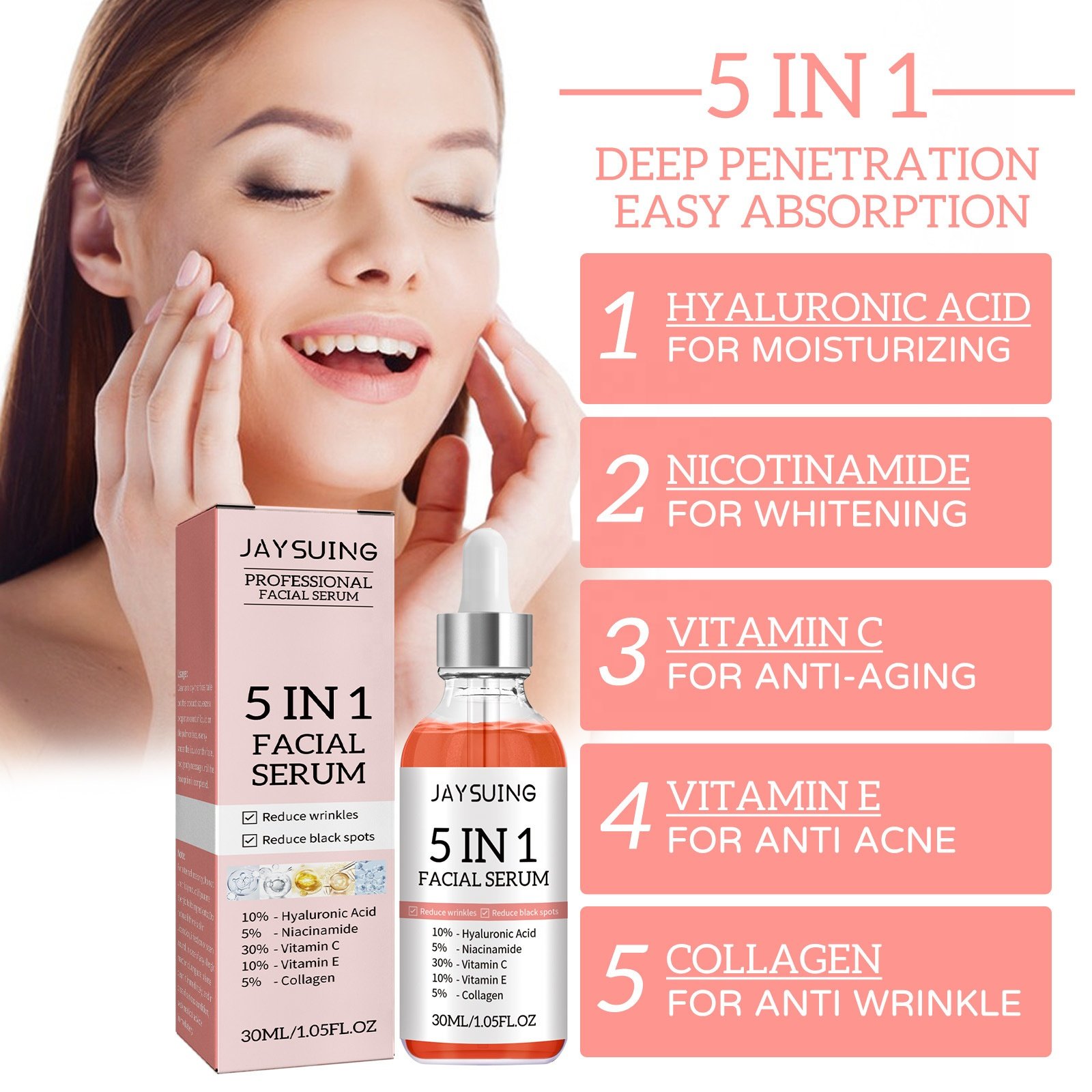 New Skin Care Serum Facial 5 in 1 Whitening Anti Age Face Serum with 30% Vitamin C 5% Niacinamide 10% Vitamin E Serum