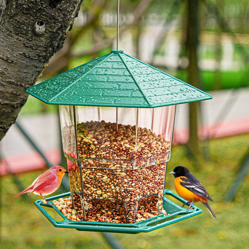 Gray Outdoor Hanging Bird Feeder Foldable Garden Bird Feeder with Sun Protection and Antifreeze Cage Plastic Automatic Features