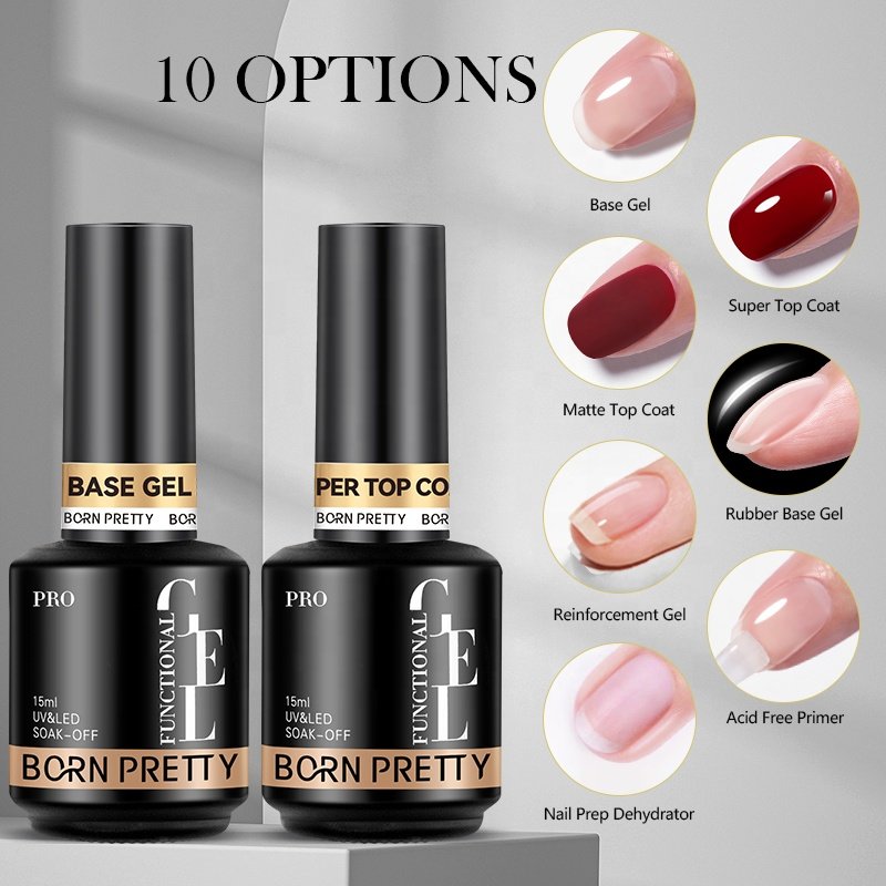 BORN PRETTY PRO 15ml Clear Functional Gel Collection Resin Uv Rubber Base Gel Long Lasting Top Base Coat Gel Polish for Salon