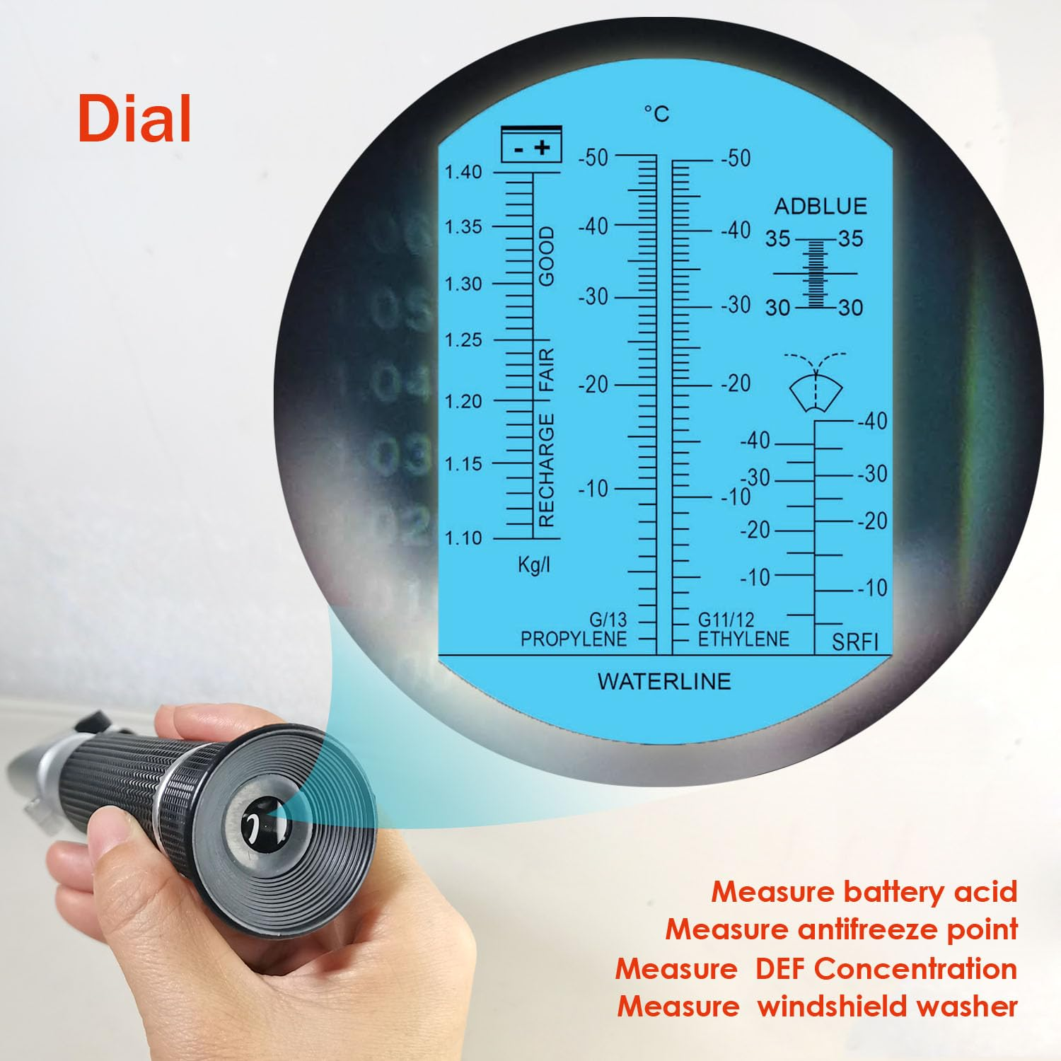 4-in-1 DEF Antifreeze Coolant Refractometer for Diesel Exhaust Fluid Battery Acid and Windshield Washer Fluid