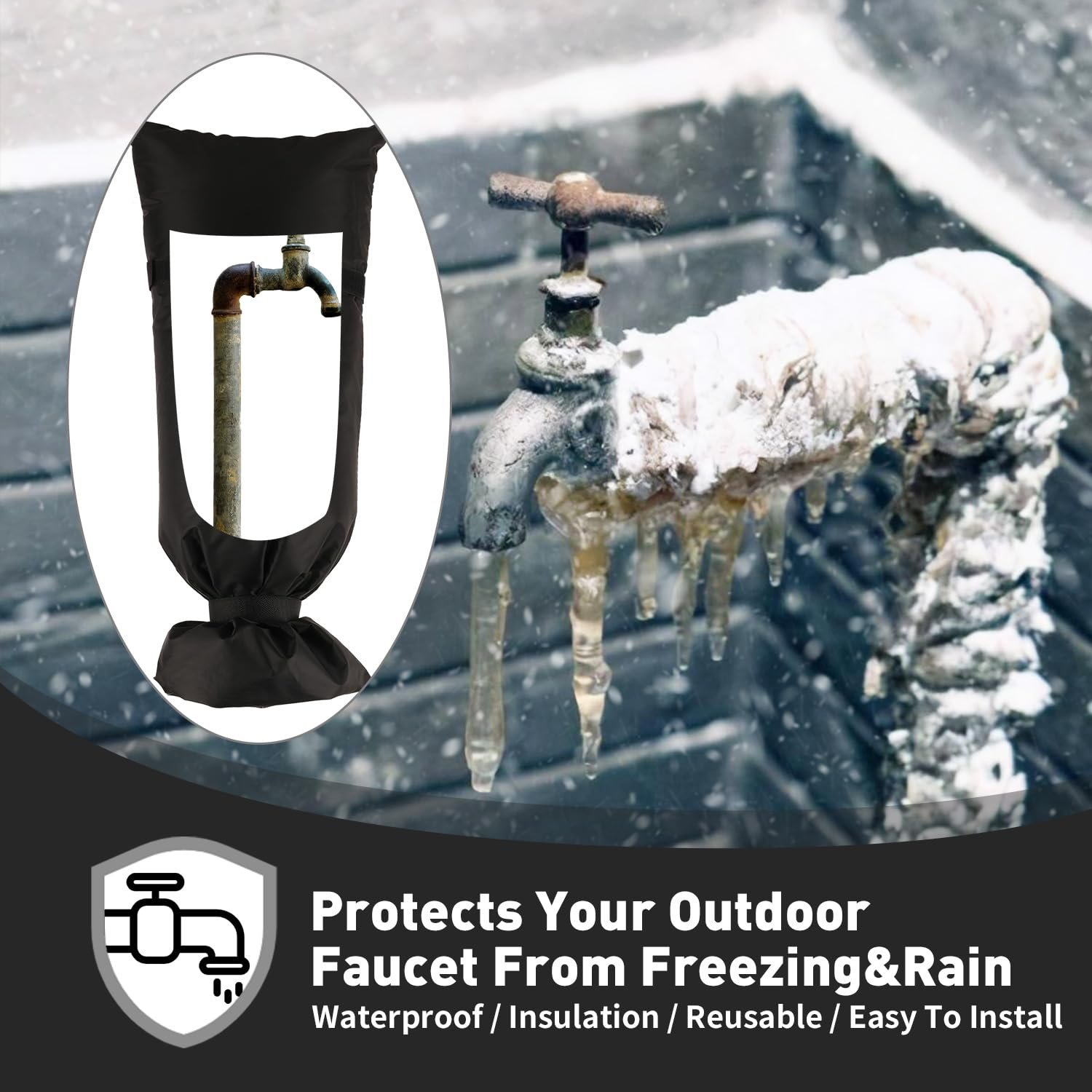 25"X 11" Reusable Waterproof Winter Freeze Protection Outside Faucet Cover Thickened Black Long Outdoor Faucet Cover for Winter